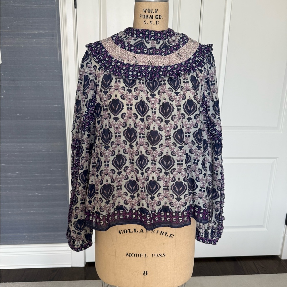 Sea New York Blue and Pink Ruffled Long Sleeve Blouse- size L